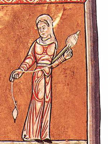 Spinnende Frau mit Spinnrocken und Spindel ohne Wirtel (um 1180)
