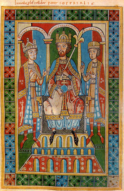 Friedrich I. Barbarossa mit seinen beiden Söhnen. Links König Heinrich VI., rechts Herzog Friedrich VI